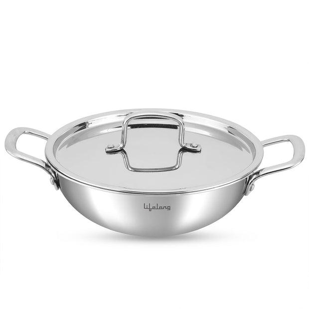 Lifelong Triply Kadhai with Steel Lid - Stainless Steel 26 cm Kadhai with 3.25 Litre Capacity Even Heat Distribution, Ideal for Frying & Sautéing, Induction & Gas Compatible Cookware(LLTPDK26, Silver)