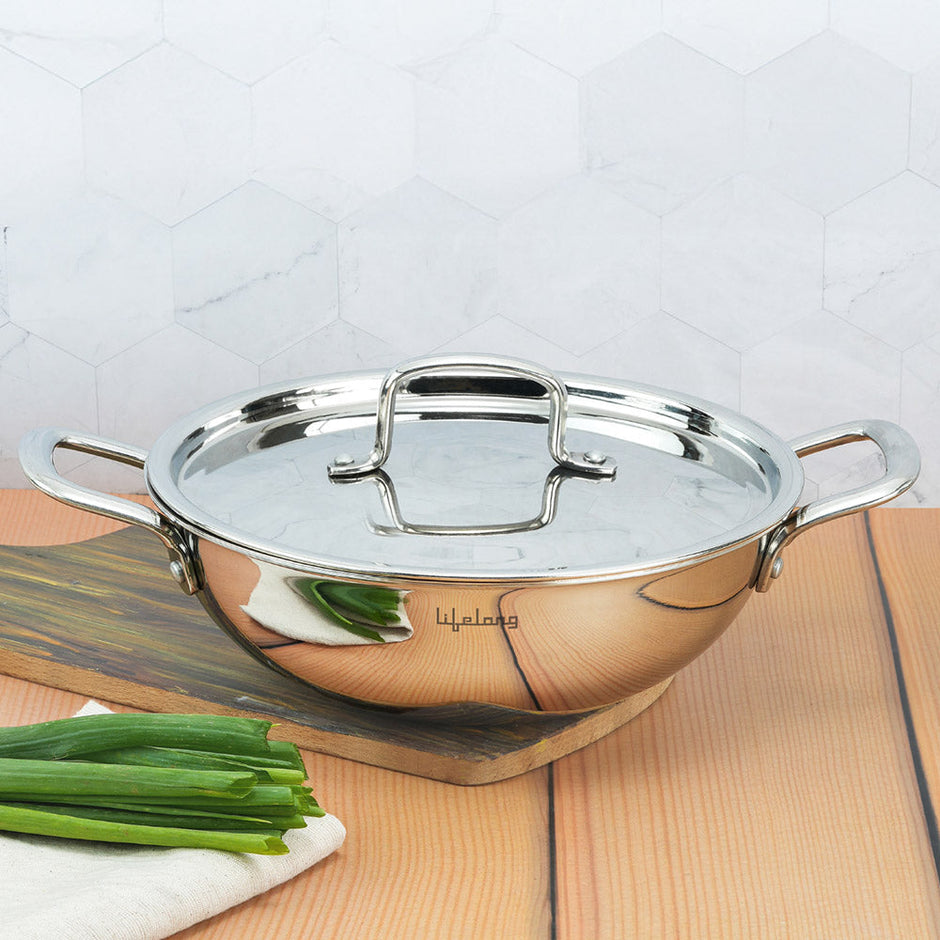 Lifelong Triply Kadhai with Steel Lid - Stainless Steel 26 cm Kadhai with 3.25 Litre Capacity Even Heat Distribution, Ideal for Frying & Sautéing, Induction & Gas Compatible Cookware(LLTPDK26, Silver)