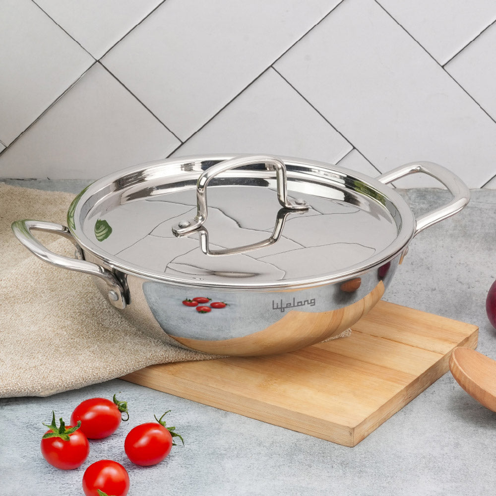 Lifelong Triply Kadhai with Steel Lid - Stainless Steel 26 cm Kadhai with 3.25 Litre Capacity Even Heat Distribution, Ideal for Frying & Sautéing, Induction & Gas Compatible Cookware(LLTPDK26, Silver)