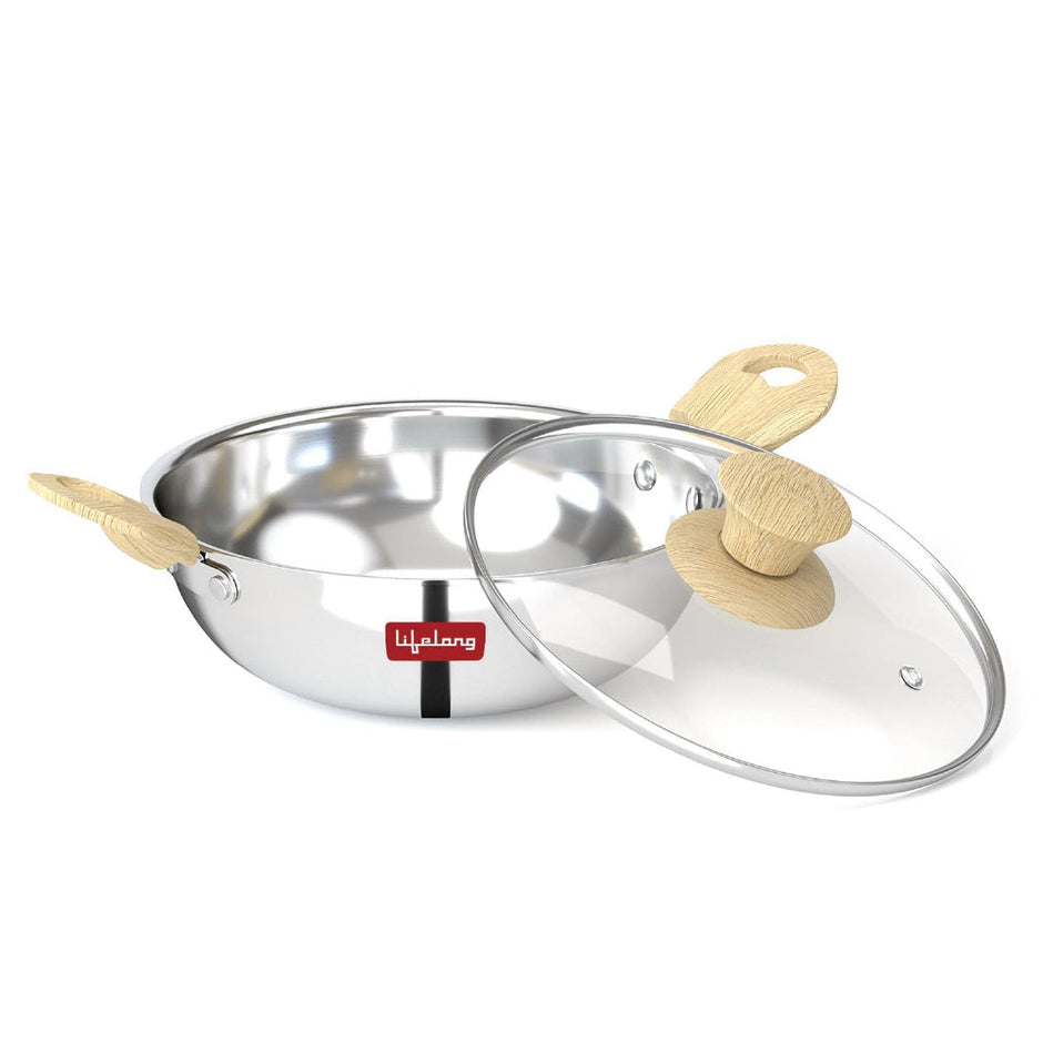 Triply Kadai for Cooking - Stainless Steel 24 cm Kadai with Glass Lid - 2.5 Litre Kadhai with Lid