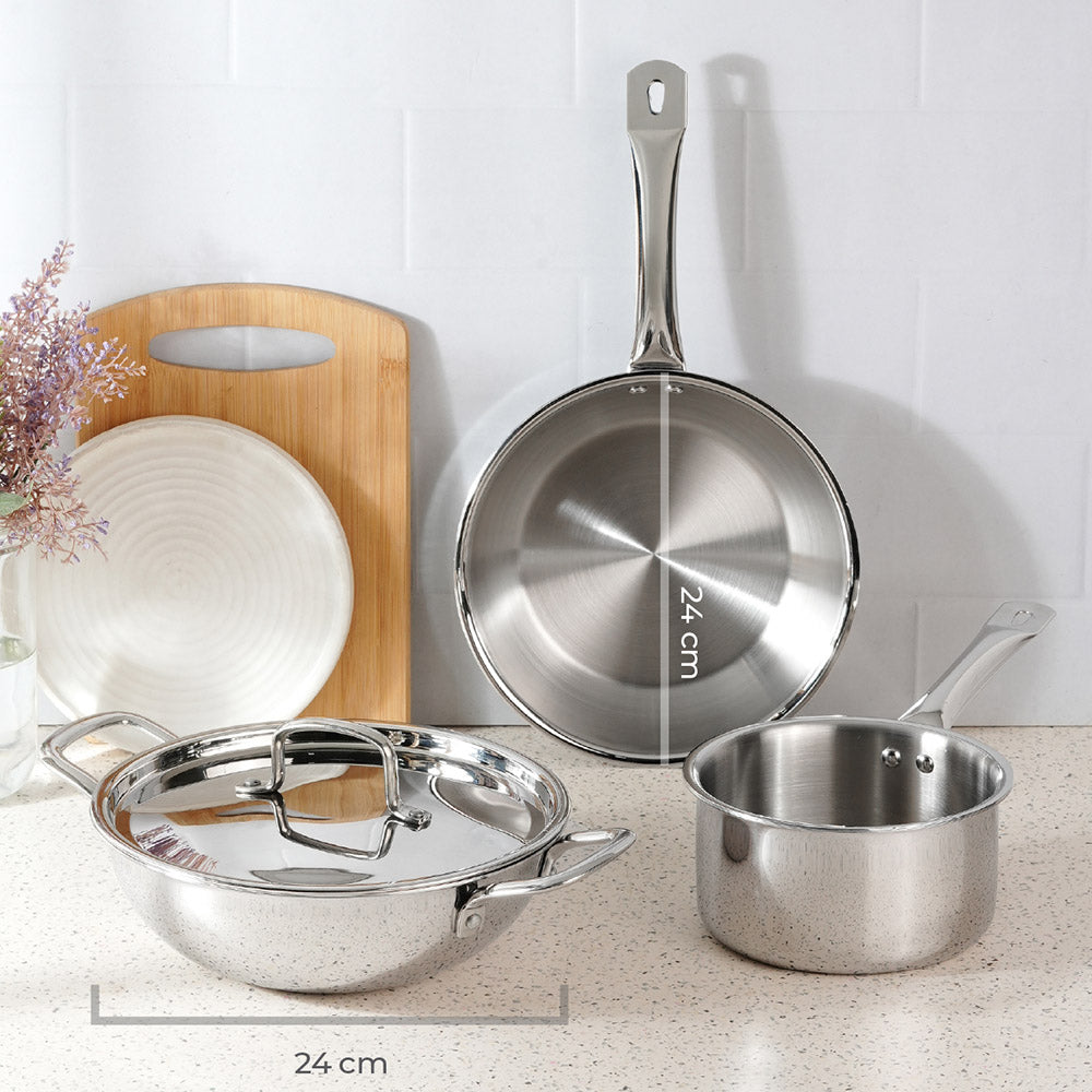 Lifelong Triply kadai 24cm (lid)+fry pan 22cm + sauce pan 16