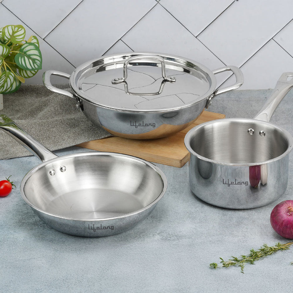 Lifelong Triply kadai 24cm (lid)+fry pan 22cm + sauce pan 16