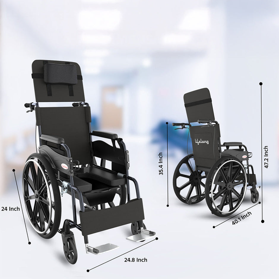 Lifelong Reclining Wheelchair - 180Â° Recline | Chrome Frame | Detachable Armrests