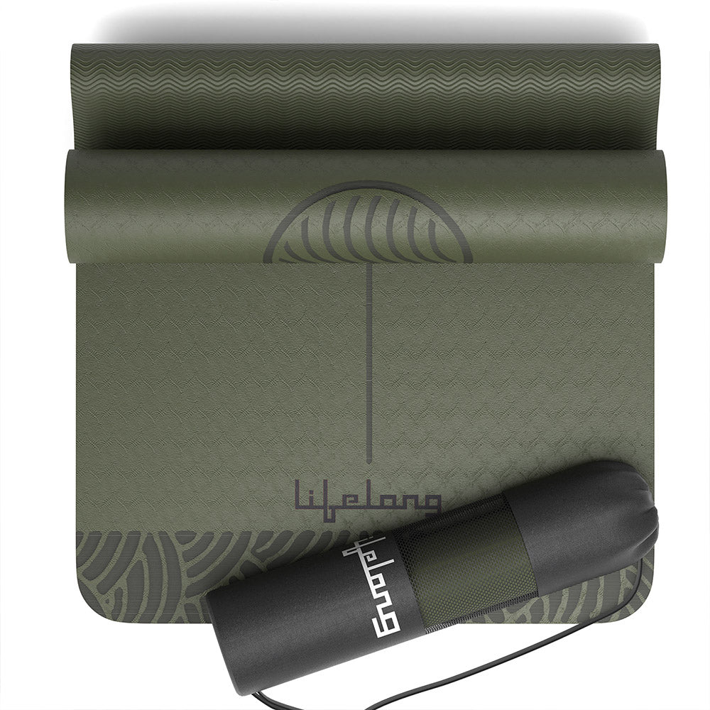 Yoga Mat with Carry Bag – 5mm Thick TPE, Non-Toxic & Sweat-Resistant (Olive Green)