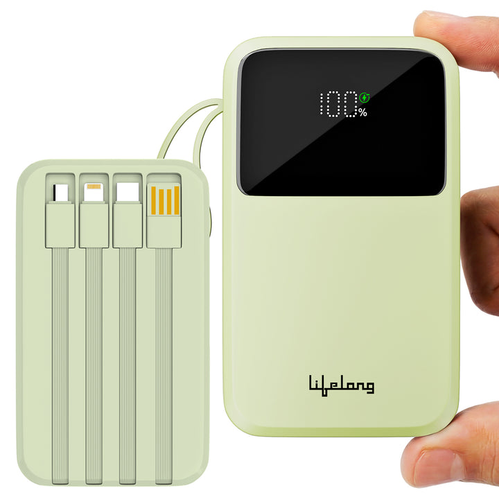 Lifelong Electronics 10000mAh 22.5W Fast Charging Power Bank | 3 Inputs (1 Built-in USB A Cable + 1 C + 1 Lightning Port) & 6 Outputs (3 Built-in Cables + 1 C + 2 A Port) | Small Pocket Size Powerbank