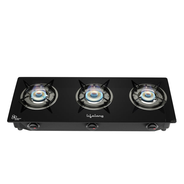 Lifelong LLGS930 3 Burner Glass Top Gas Stove - ISI Certified, LPG Only, High-Efficiency Burners