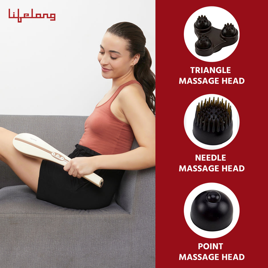 Lifelong Wireless Full body Massager With 3 Massage Heads & Variable Speed Settings For Pain Relief and Relaxation, Rechargeable Handheld Massager, 1 Year Warranty, Battery Powered
