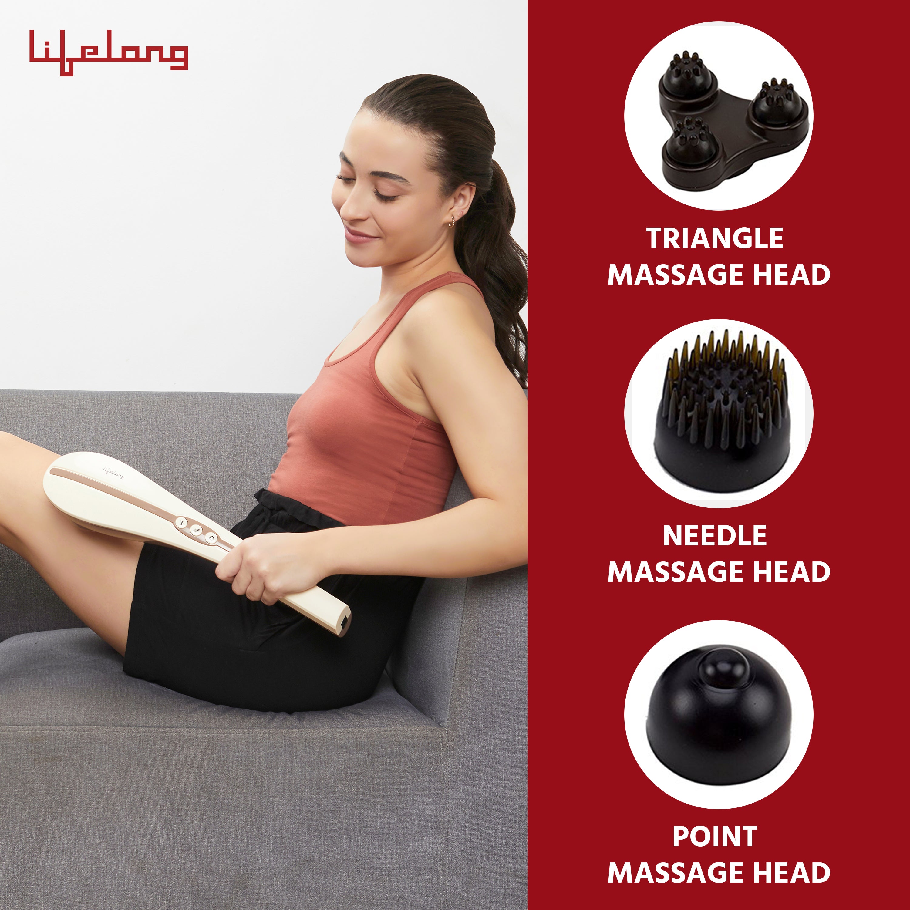 Lifelong Wireless Full body Massager With 3 Massage Heads & Variable Speed Settings For Pain Relief and Relaxation, Rechargeable Handheld Massager, 1 Year Warranty, Battery Powered
