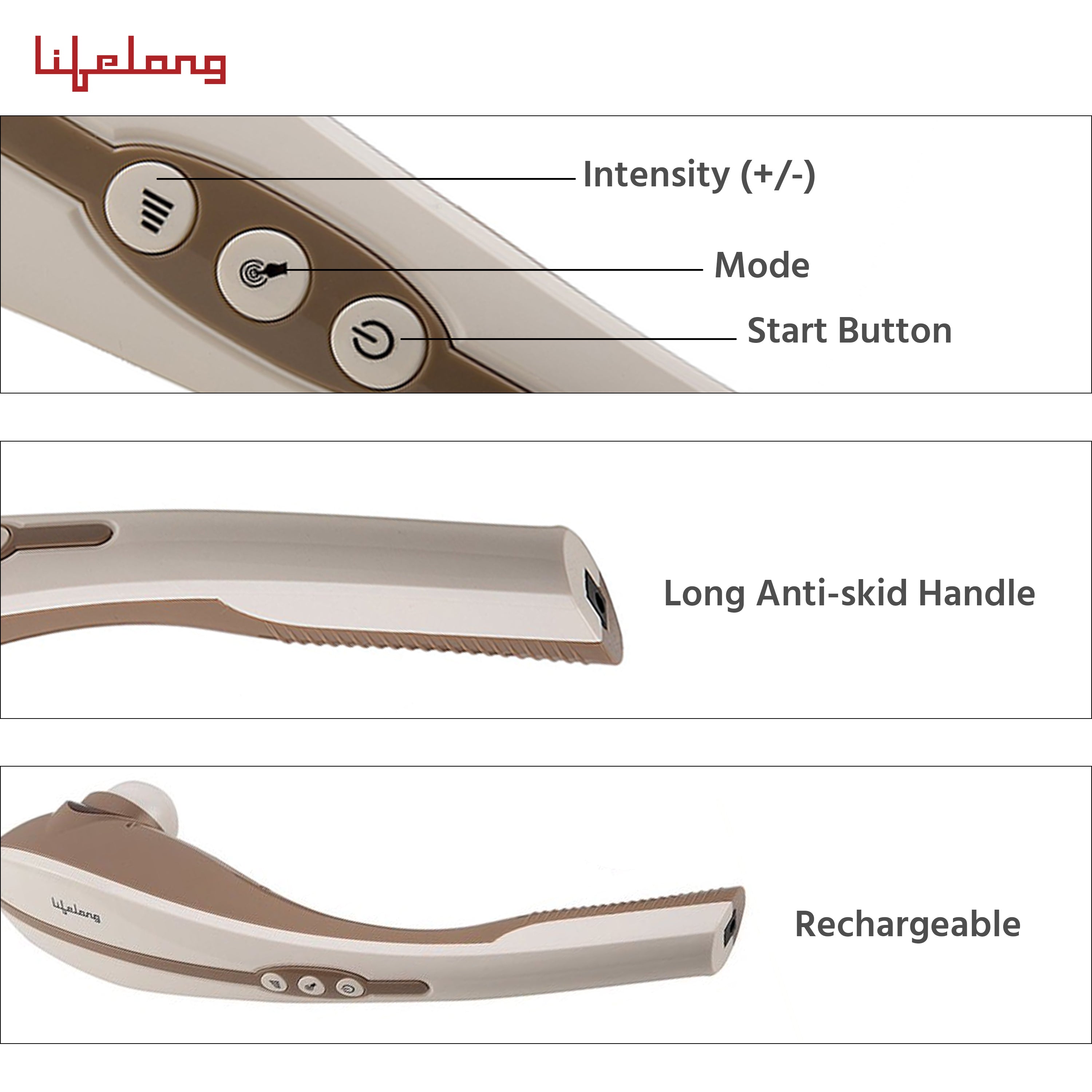 Lifelong Wireless Full body Massager With 3 Massage Heads & Variable Speed Settings For Pain Relief and Relaxation, Rechargeable Handheld Massager, 1 Year Warranty, Battery Powered