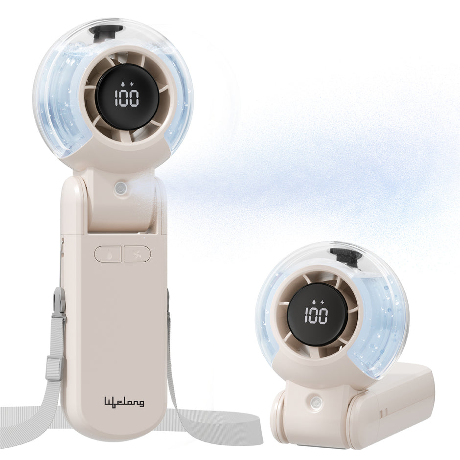 Lifelong Foldable Mist Hand Fan with Digital Display | Rechargeable USB Type-C Portable Cooling Fan | 5 Speed up to 14300 RPM | 4000mAh Battery | Handheld Fan with Spray Mist for Travel & Outdoor (Beige)