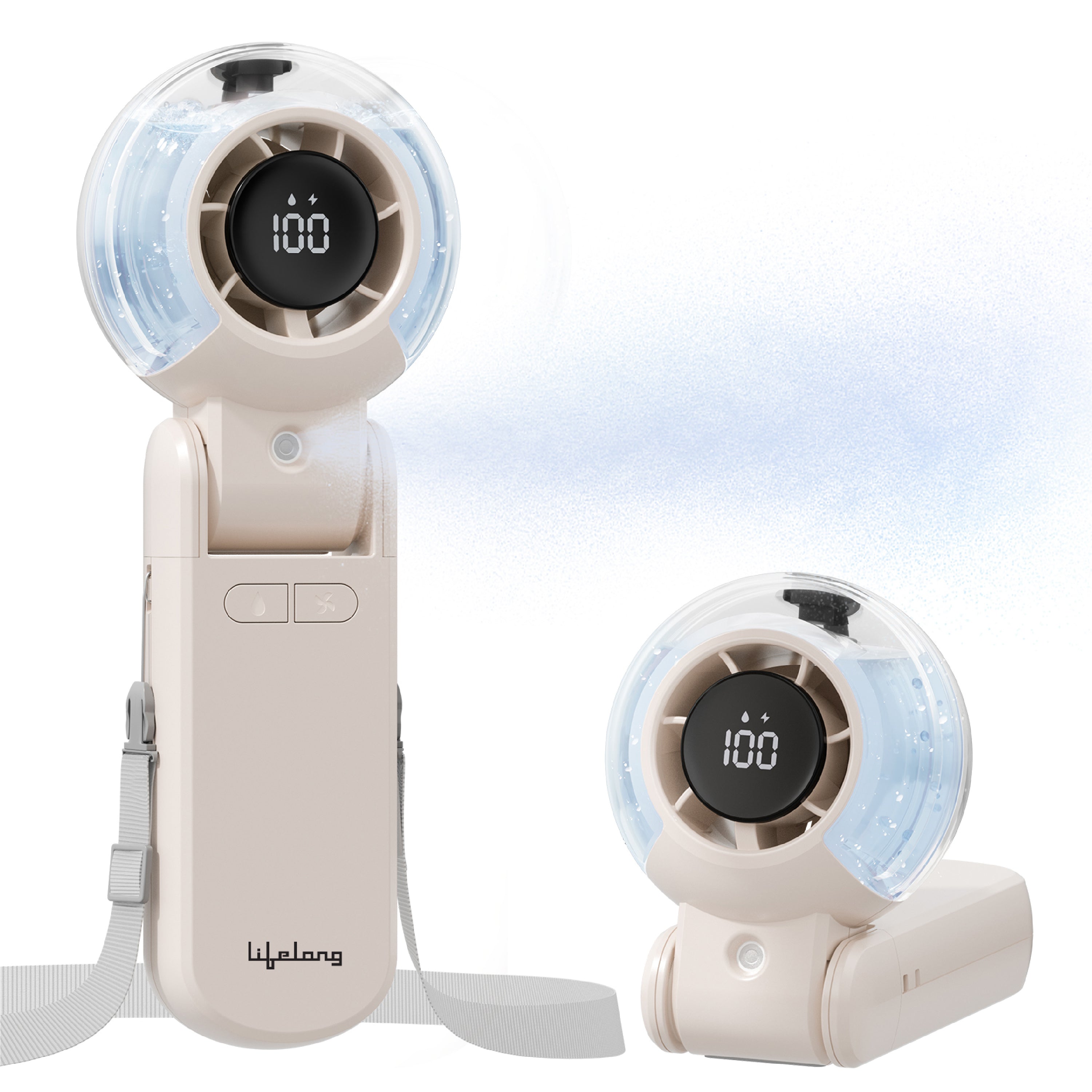 Lifelong Foldable Mist Hand Fan with Digital Display | Rechargeable USB Type-C Portable Cooling Fan | 5 Speed up to 14300 RPM | 4000mAh Battery | Handheld Fan with Spray Mist for Travel & Outdoor (Beige)