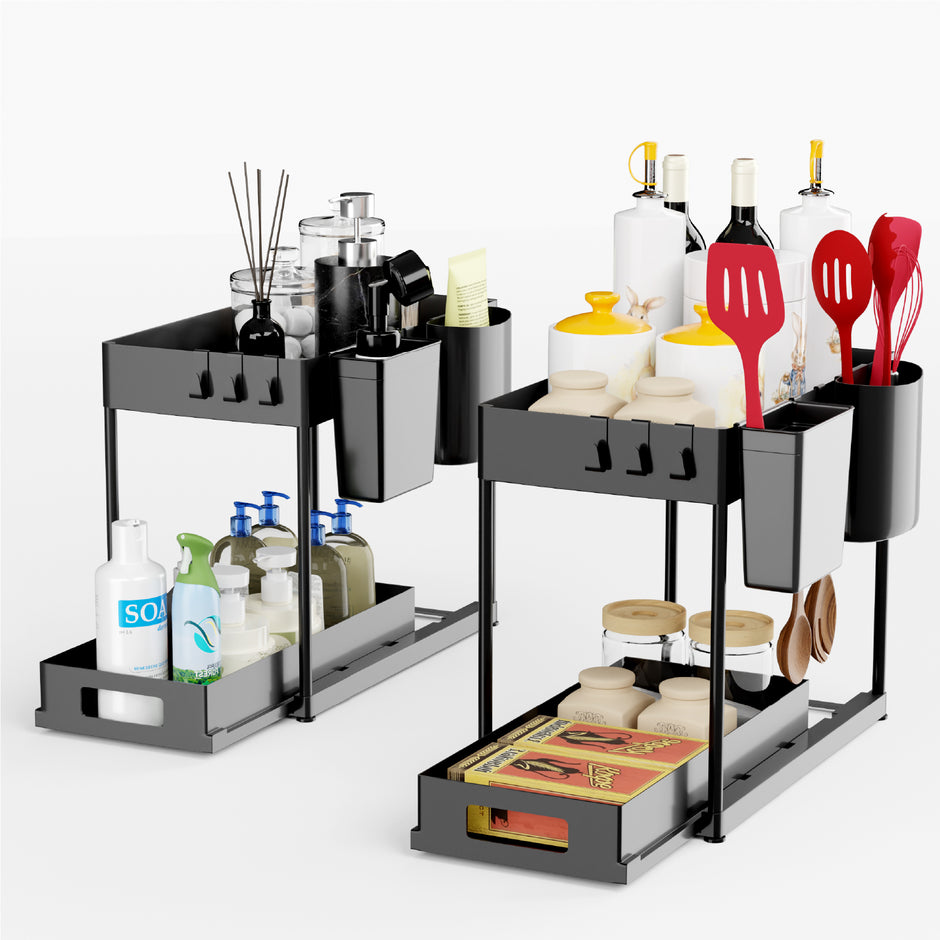Lifelong 2-Tier Under Sink Storage Organizer (Pack of 2) | Pull Out Cabinet | Drawers for Kitchen Cabinets | Sliding Rack with Panels & Hooks | Multipurpose Organiser for Kitchen or Bathroom