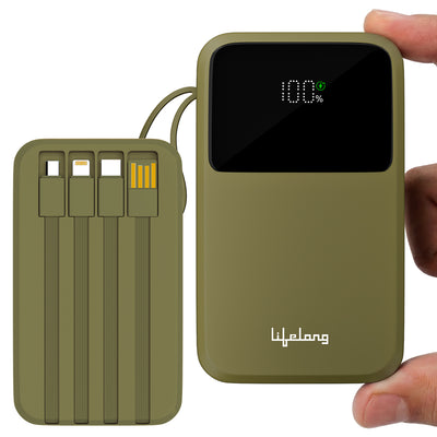 Lifelong Electronics 20000mAh 22.5W Fast Charging Power Bank | 3 Inputs (1 Built-in USB A Cable + 1 C + 1 Lightning Port) & 6 Outputs (3 Built-in Cables + 1 C + 2 A Port) | Small Pocket Size Powerbank
