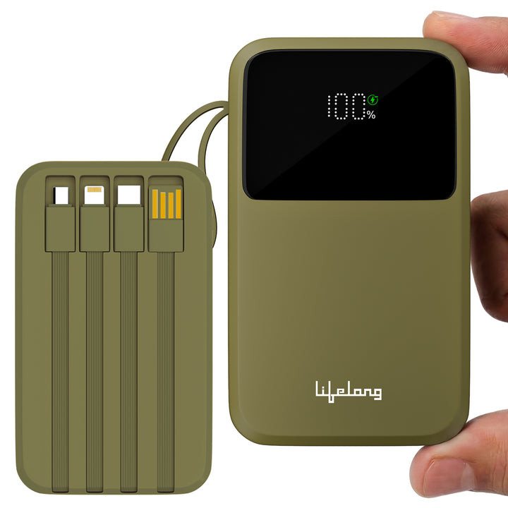 Lifelong Electronics 20000mAh 22.5W Fast Charging Power Bank | 3 Inputs (1 Built-in USB A Cable + 1 C + 1 Lightning Port) & 6 Outputs (3 Built-in Cables + 1 C + 2 A Port) | Small Pocket Size Powerbank