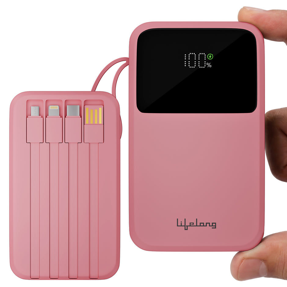 Lifelong Electronics 20000mAh 22.5W Fast Charging Power Bank | 3 Inputs (1 Built-in USB A Cable + 1 C + 1 Lightning Port) & 6 Outputs (3 Built-in Cables + 1 C + 2 A Port) | Small Pocket Size Powerbank
