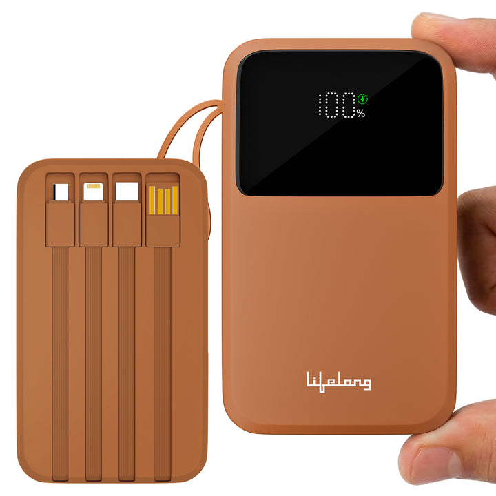 Lifelong Electronics 20000mAh 22.5W Fast Charging Power Bank | 3 Inputs (1 Built-in USB A Cable + 1 C + 1 Lightning Port) & 6 Outputs (3 Built-in Cables + 1 C + 2 A Port) | Small Pocket Size Powerbank