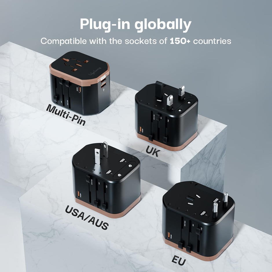 Universal Travel Adapter 4-in-1 Fast Charger with 20W USB-C & 2 USB-A Ports, Adjustable Pins for 150+ Countries (US/UK/EU/AU/Asia), Dual Fuse Protection, Compact Worldwide Power Adapter