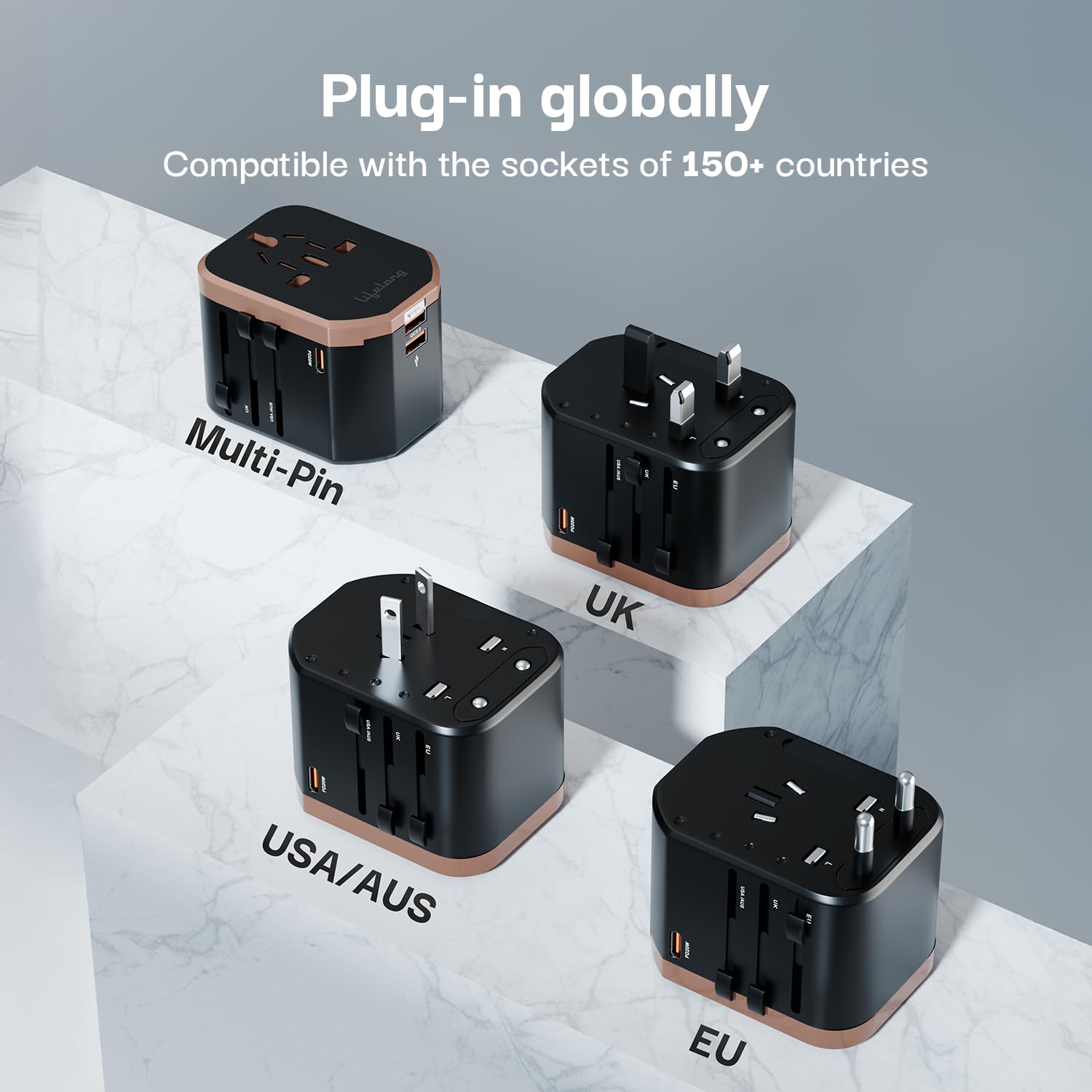 Universal Travel Adapter 4-in-1 Fast Charger with 20W USB-C & 2 USB-A Ports, Adjustable Pins for 150+ Countries (US/UK/EU/AU/Asia), Dual Fuse Protection, Compact Worldwide Power Adapter