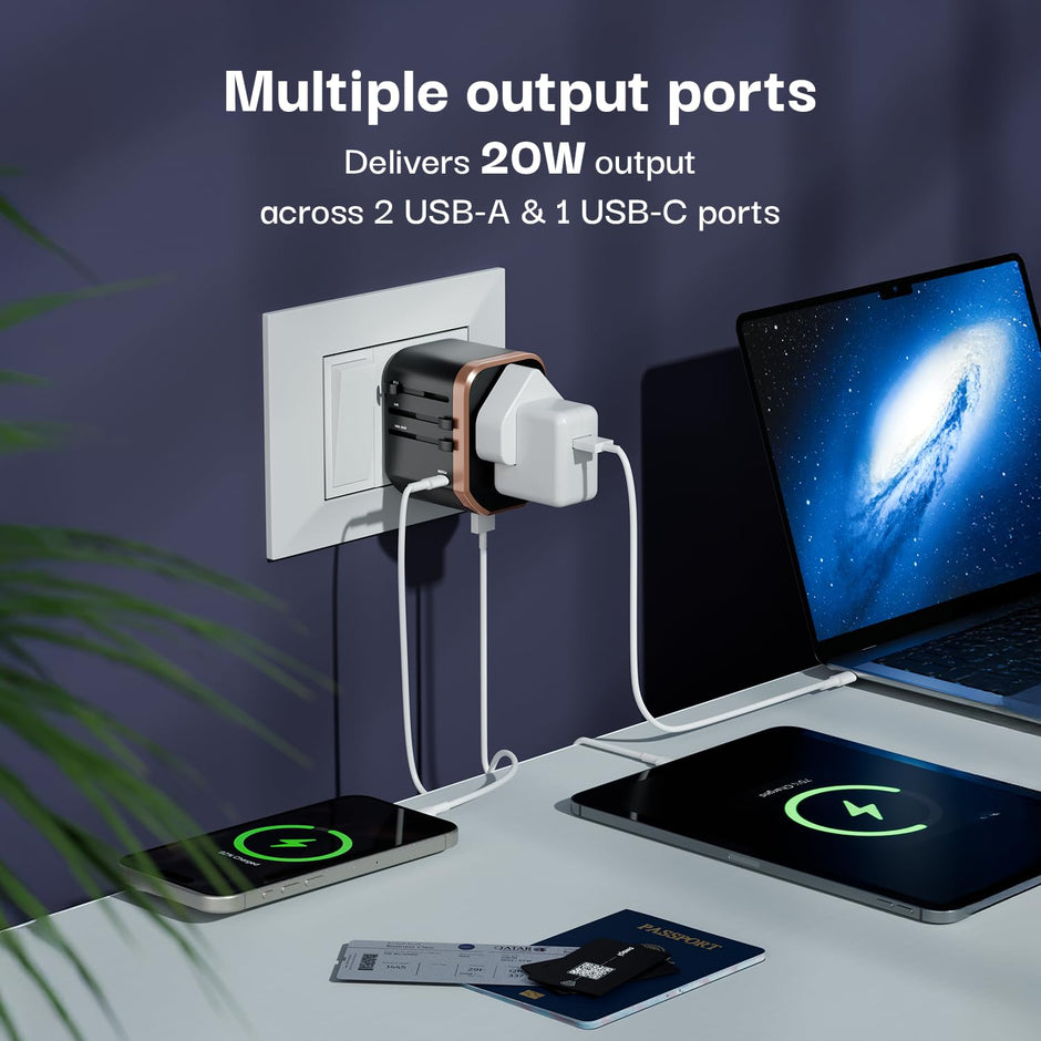 Universal Travel Adapter 4-in-1 Fast Charger with 20W USB-C & 2 USB-A Ports, Adjustable Pins for 150+ Countries (US/UK/EU/AU/Asia), Dual Fuse Protection, Compact Worldwide Power Adapter