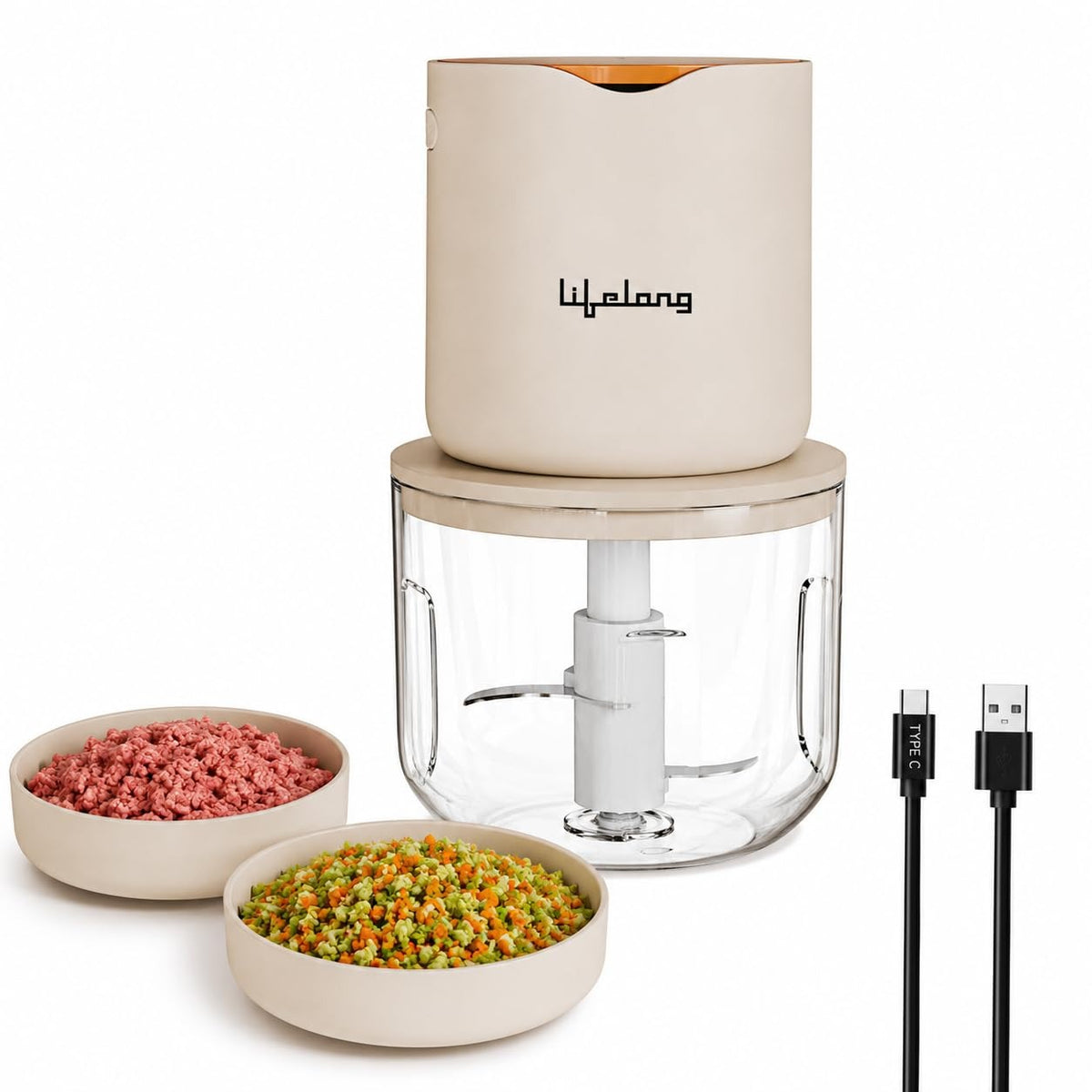 Lifelong Rechargeable Electric Food Chopper with 600ml | 100W Motor | Triple SS Blades | USB Type-C Charging |3600 mAh Battery | One-Press Operation for Veggies, Meat, Garlic, Nuts & Baby Food(LLWC05)