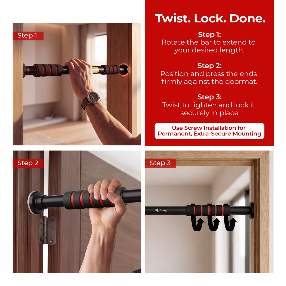 Lifelong Pull Up Bar for Home| Adjustable 62–100 cm Doorway Pull Up Bar with Built-in Leveller |No Drill Installation |100kg Capacity, Anti-Slip Lock, Foam Grip Handles |Gym Equipment for Home Workout