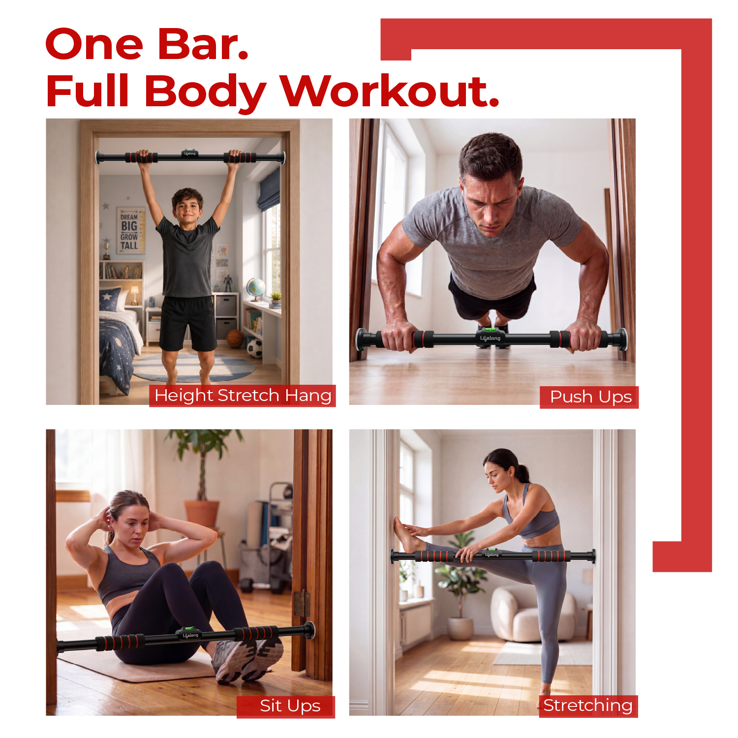 Lifelong Pull Up Bar for Home| Adjustable 62–100 cm Doorway Pull Up Bar with Built-in Leveller |No Drill Installation |100kg Capacity, Anti-Slip Lock, Foam Grip Handles |Gym Equipment for Home Workout