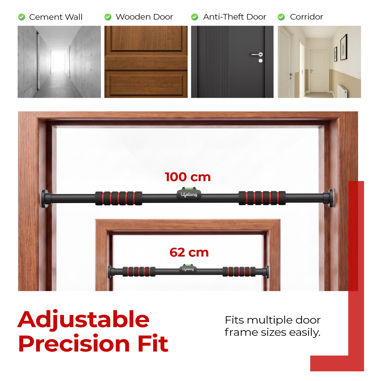 Lifelong Pull Up Bar for Home| Adjustable 62–100 cm Doorway Pull Up Bar with Built-in Leveller |No Drill Installation |100kg Capacity, Anti-Slip Lock, Foam Grip Handles |Gym Equipment for Home Workout