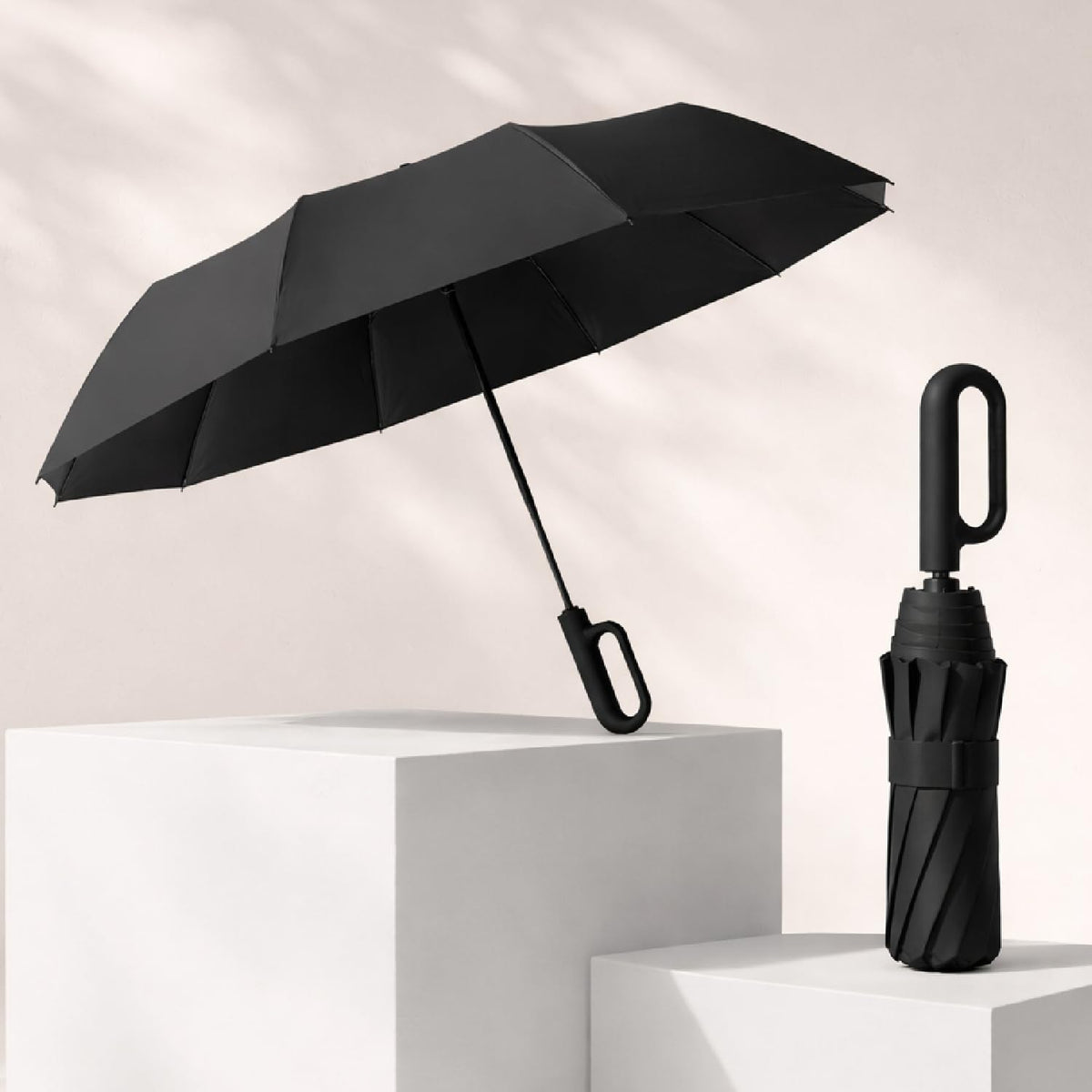 Lifelong UV Umbrella with Novelty Carabiner Handle | 3-Fold Travel Umbrella for Rain | Windproof & Compact for Sun Protection | Auto Open & Close | 8 Ribs Men & Women (Black)