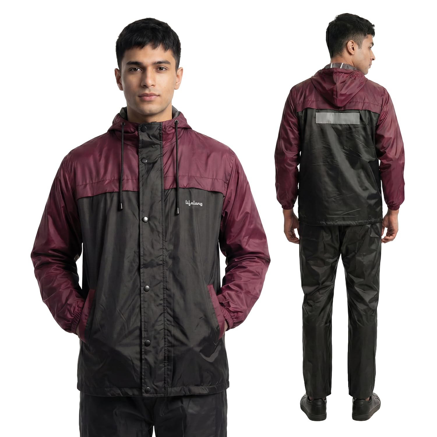 Lifelong Men's Raincoat Set | Raincoat for Men Waterproof | Waterproof Polyester Double-Coated Reversible Rain Suit | Hooded Jacket with Inner Mobile Pocket & Pants | Standard Length for Hiking, Camping