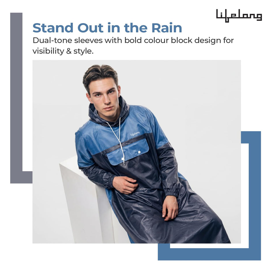 Lifelong Waterproof Unisex Raincoat | Raincoat for Men & Women Waterproof | Hooded Full Sleeves Rainwear | Outdoor Rain Poncho for Boys & Girls | Camping, Hiking & Travelling (1Pc, Navy Blue)