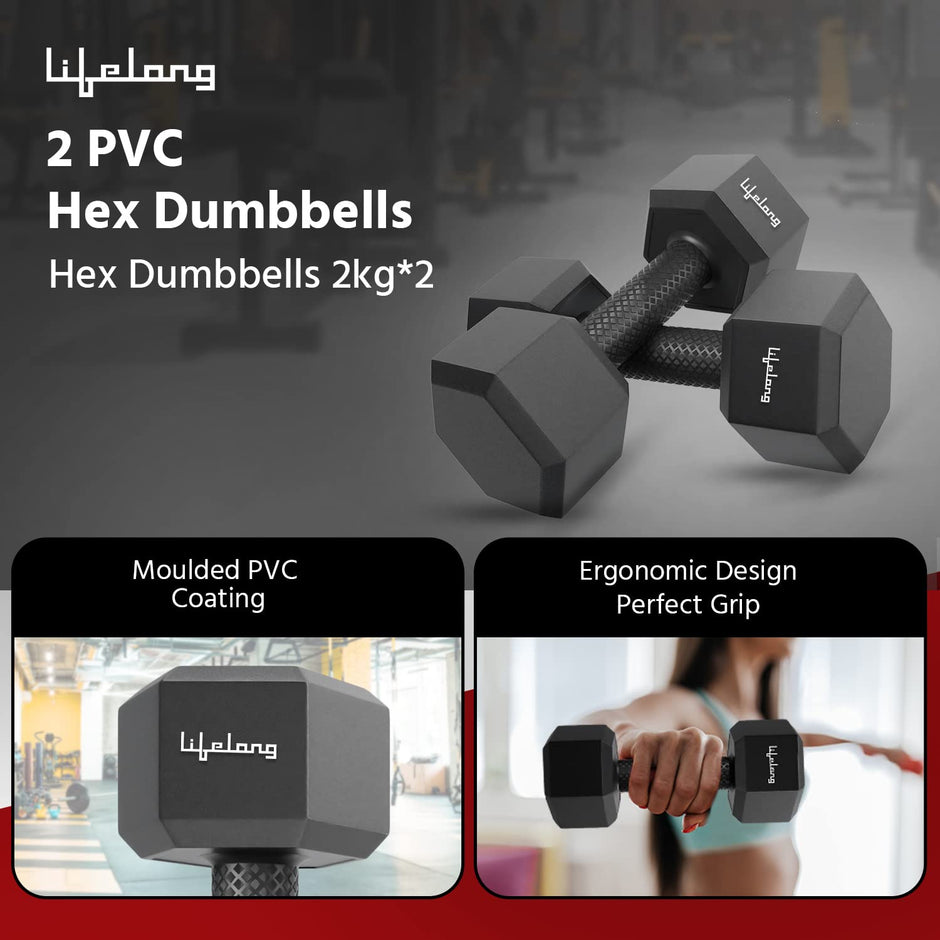 Lifelong PVC Hex Fixed Dumbbells Pack of 2 (2kg*2) Black Color for Home Gym Equipment Fitness Barbell|Gym Exercise|Home Workout, Gym Weights for Men & Women