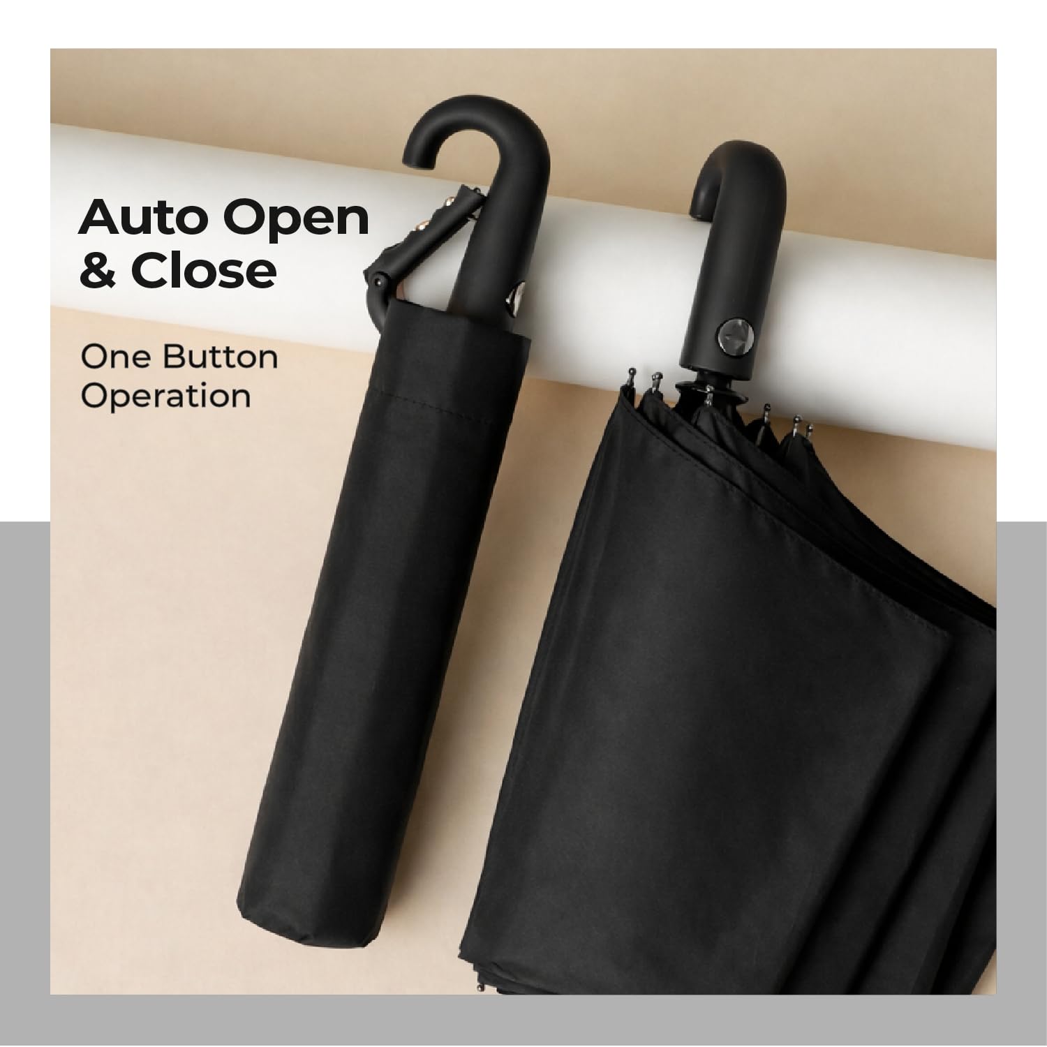 Lifelong UV Umbrella with Novelty Carabiner Handle | 3-Fold Travel Umbrella for Rain | Windproof & Compact for Sun Protection | Auto Open & Close | 8 Ribs Men & Women (Black)