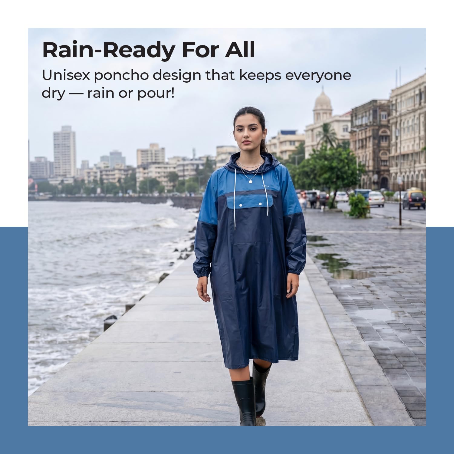 Lifelong Waterproof Unisex Raincoat | Raincoat for Men & Women Waterproof | Hooded Full Sleeves Rainwear | Outdoor Rain Poncho for Boys & Girls | Camping, Hiking & Travelling (1Pc, Navy Blue)