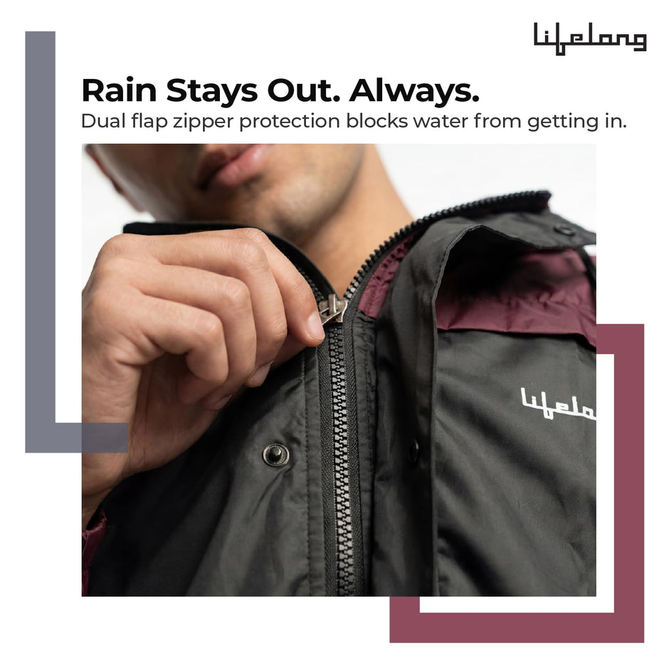 Lifelong Men's Raincoat Set | Raincoat for Men Waterproof | Waterproof Polyester Double-Coated Reversible Rain Suit | Hooded Jacket with Inner Mobile Pocket & Pants | Standard Length for Hiking, Camping