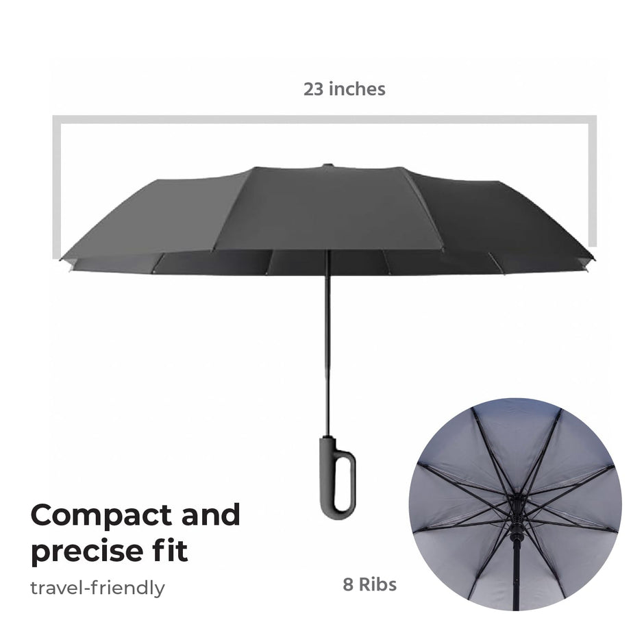 Lifelong UV Umbrella with Novelty Carabiner Handle | 3-Fold Travel Umbrella for Rain | Windproof & Compact for Sun Protection | Auto Open & Close | 8 Ribs Men & Women (Black)