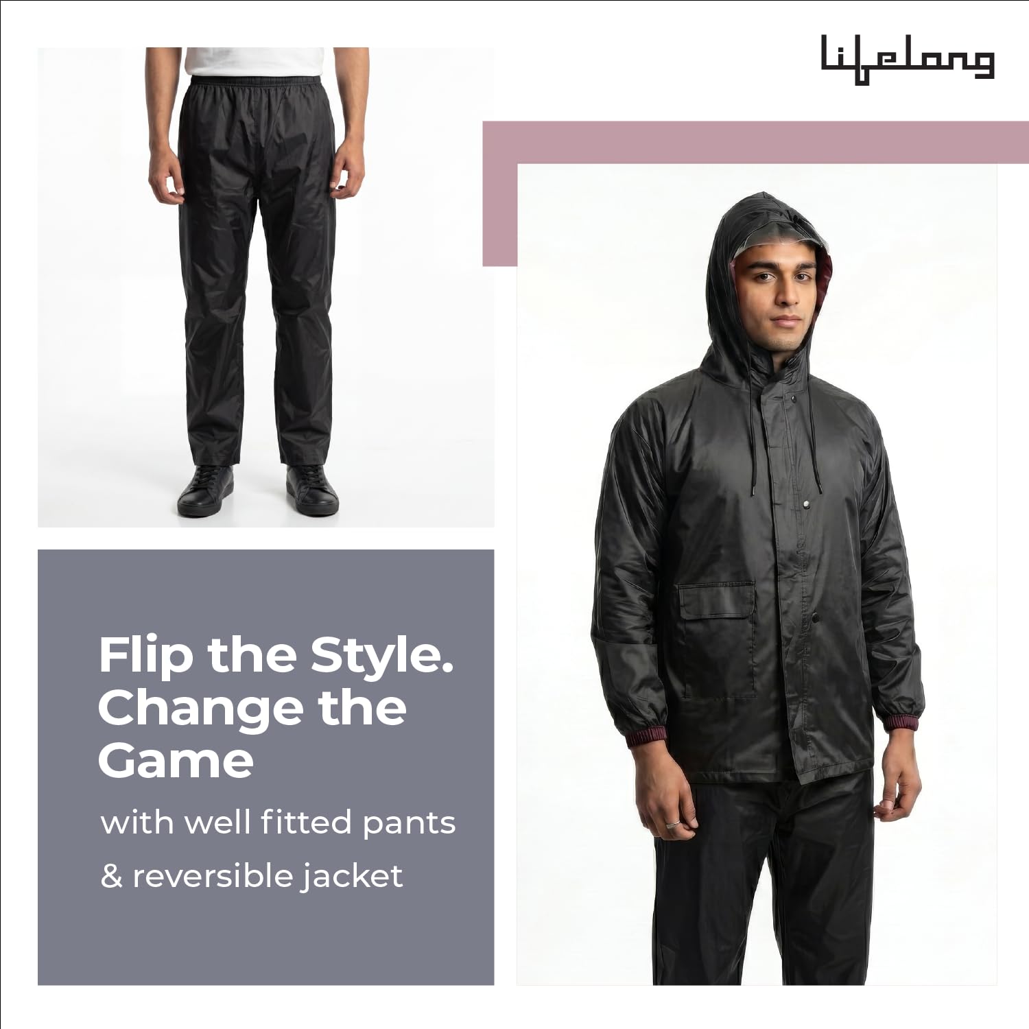 Lifelong Men's Raincoat Set | Raincoat for Men Waterproof | Waterproof Polyester Double-Coated Reversible Rain Suit | Hooded Jacket with Inner Mobile Pocket & Pants | Standard Length for Hiking, Camping