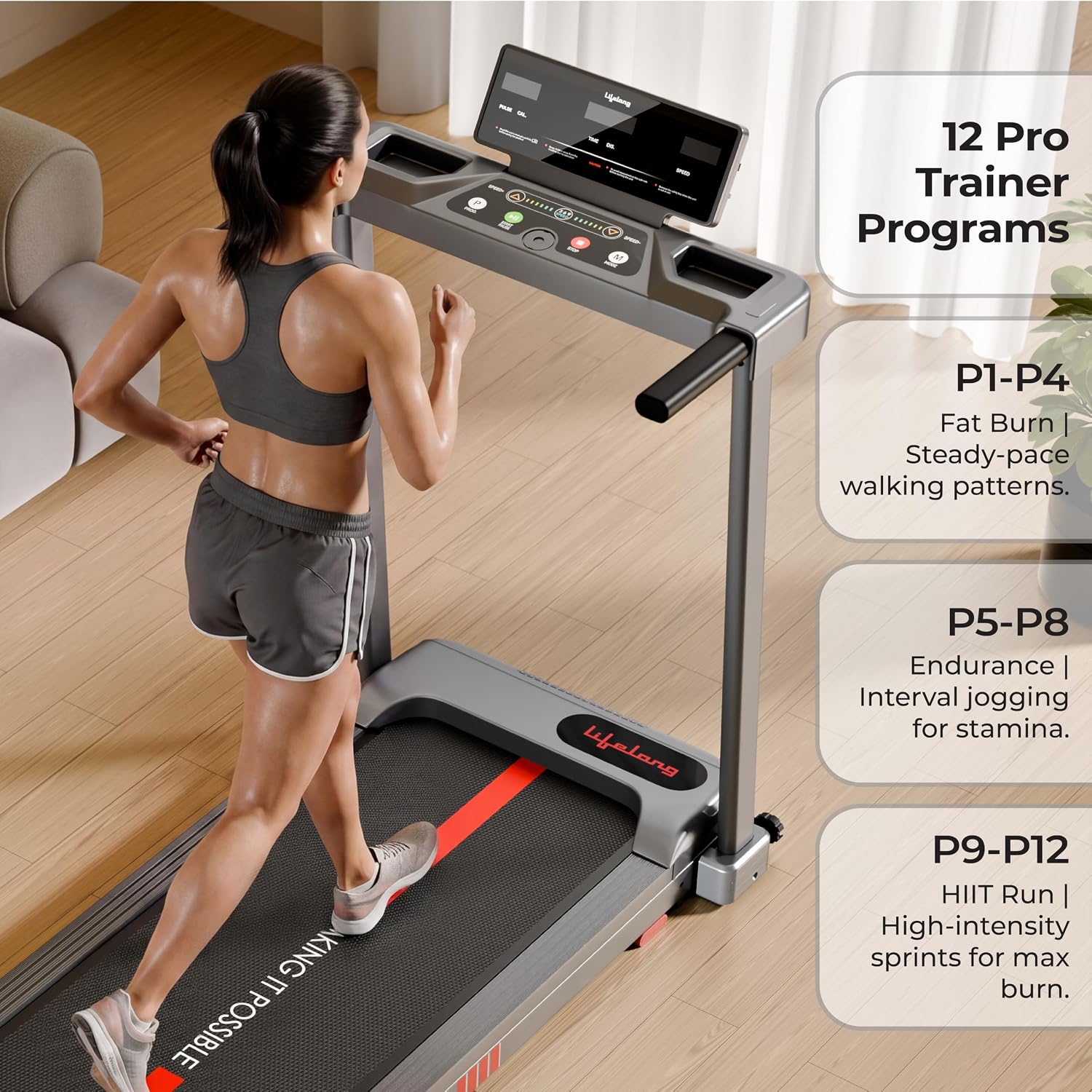 Lifelong 4.5HP Motorized Treadmill for Home | 2 Level Manual Incline | Foldable Handle | Max Speed 12 km/h | LED Display | 12 Workout Programs | 100 kg Capacity | Ideal Gym Equipment for Home Workout