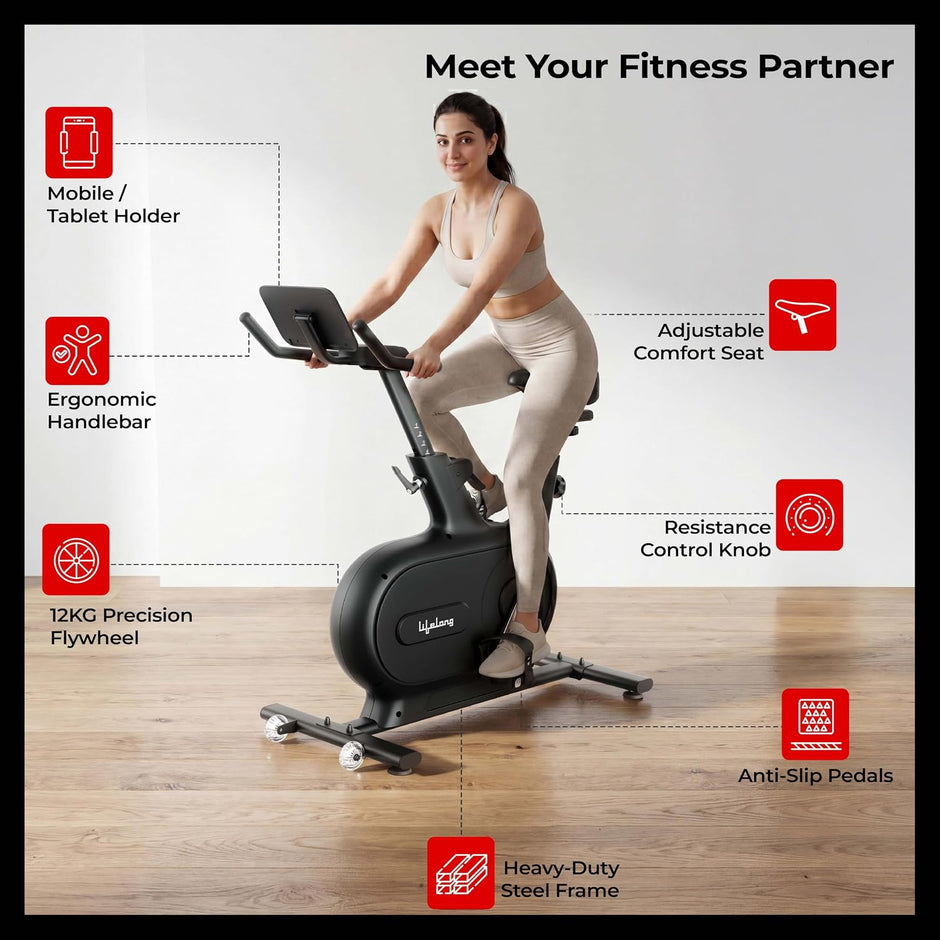 Lifelong Magnetic Spin Fitness Bike|12Kg Flywheel 9-Levels Adjustable Resistance| Gym Equipment| Exercise Cycle for Home with Magnetic Brake|Gym Equipment for Home Workout| Max Weight-120 kg