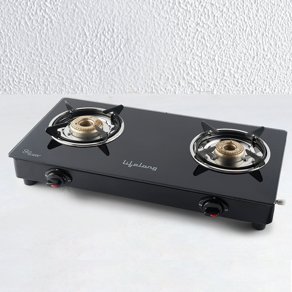 2 Burner Glass Manual Gas Stove; ISI Certified