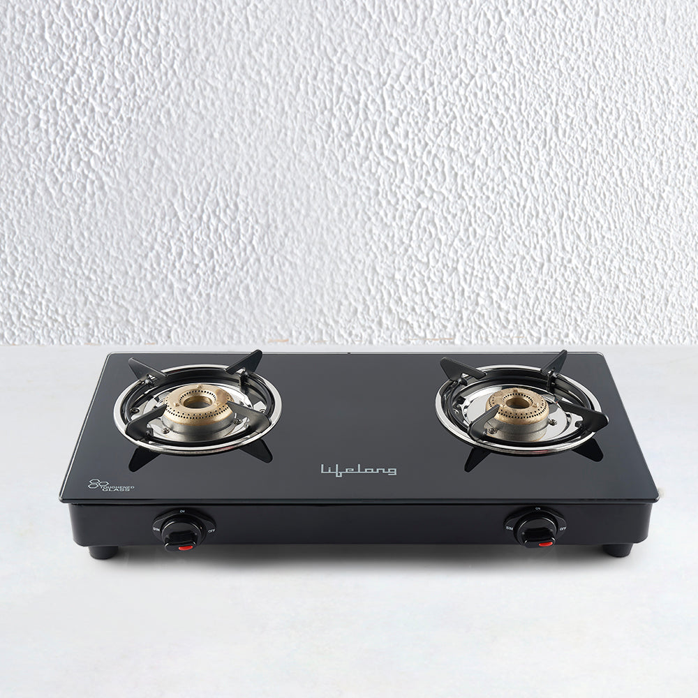 2 Burner Glass Manual Gas Stove; ISI Certified