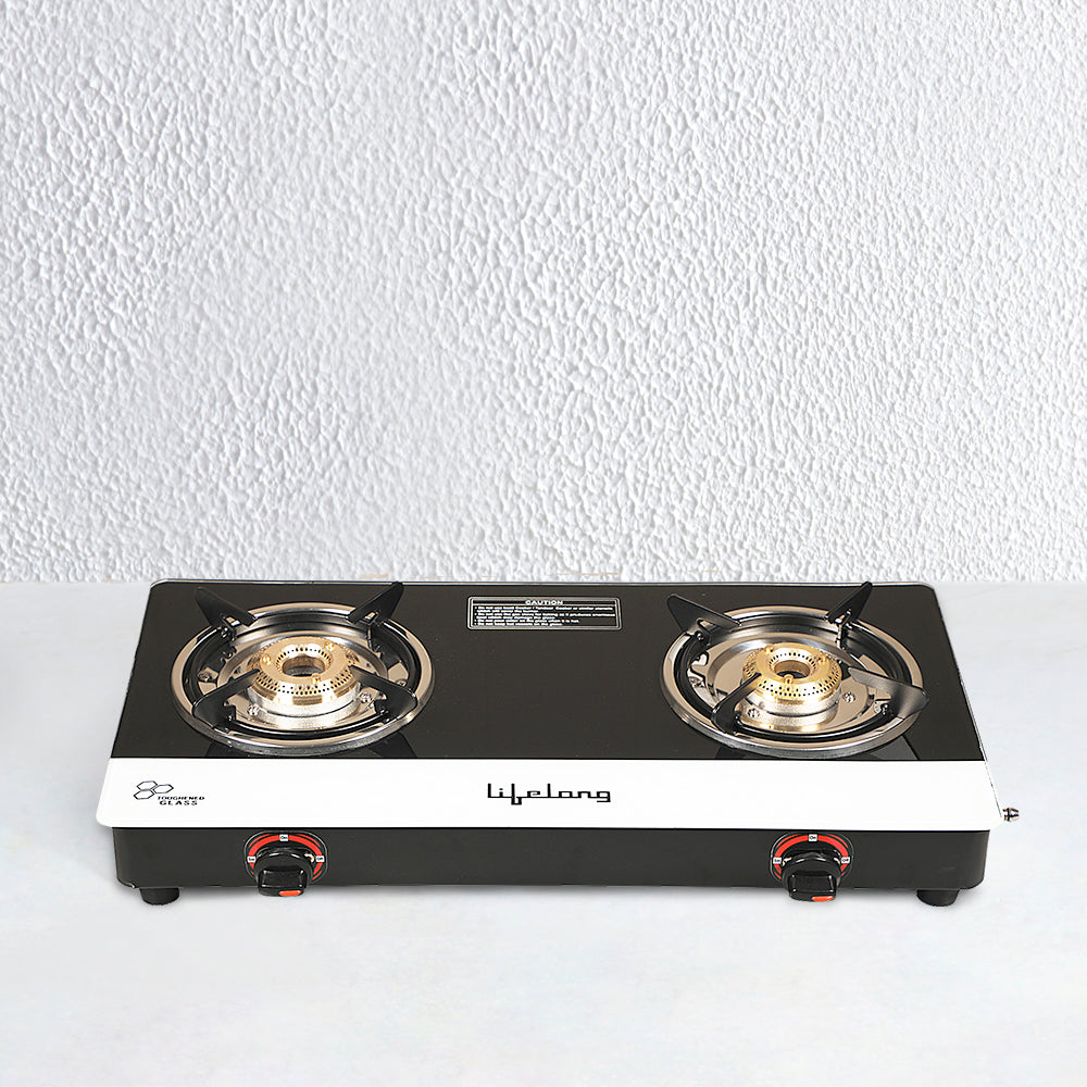 Glass Top 2 Burner Gas Stove (Black and White) ISI Certified