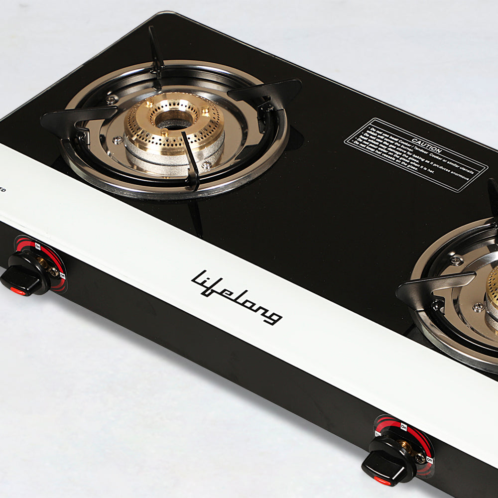 Glass Top 2 Burner Gas Stove (Black and White) ISI Certified