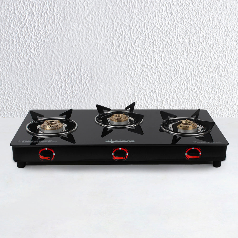 Glass Top 3 Burner Gas Stove, Manual Ignition, Black