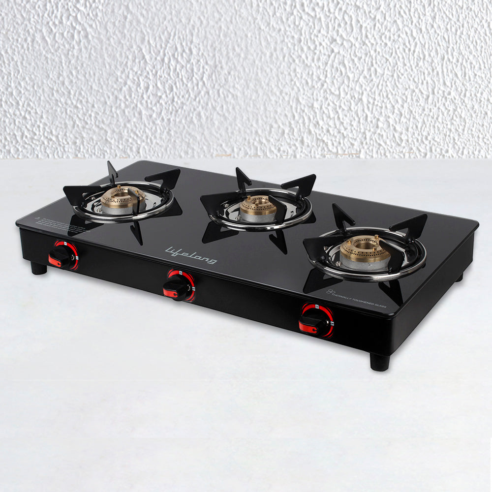 Glass Top 3 Burner Gas Stove, Manual Ignition, Black