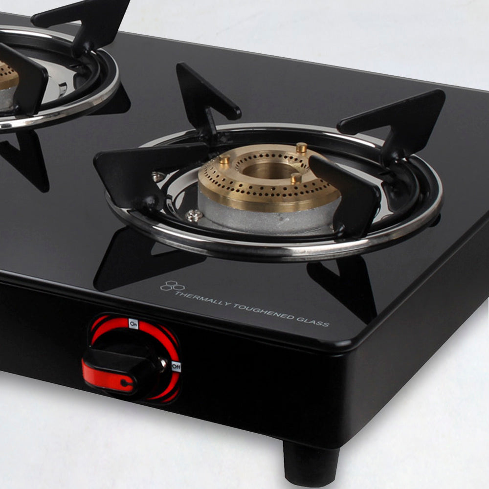 Glass Top 3 Burner Gas Stove, Manual Ignition, Black