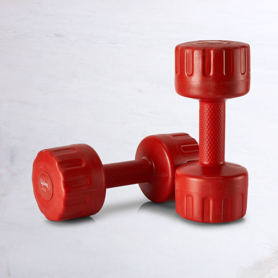 PVC Dumbbells 3 x 2=6kg Weights (Red Color) Fitness Home Gym Exercise Barbell (Pack of 2) Light for Women & Men’s Dumbbell