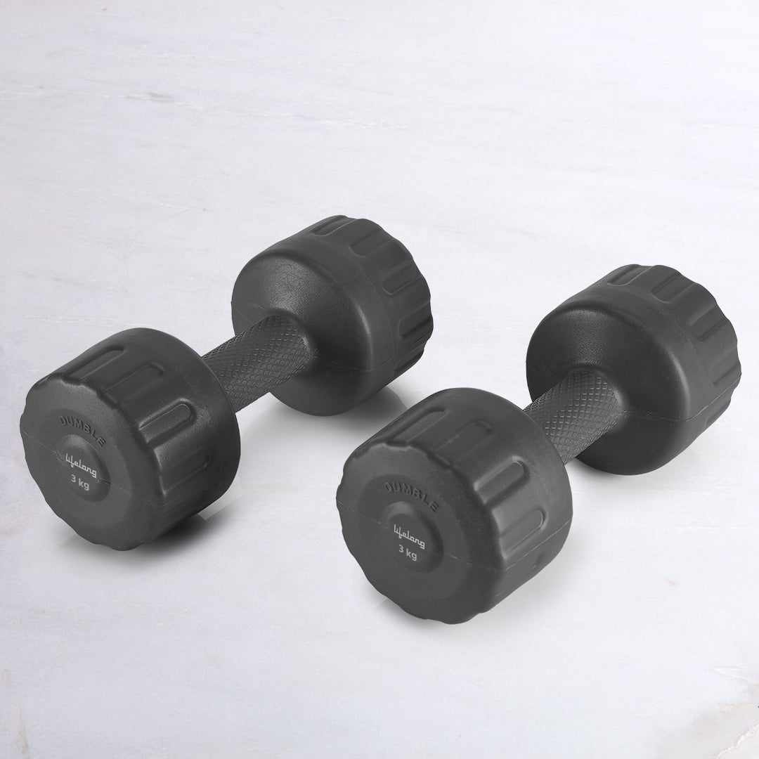 PVC Dumbbells 3 x 2=6kg Weights (Black Color) Fitness Home Gym Exercise Barbell (Pack of 2) Light for Women & Men’s Dumbbell